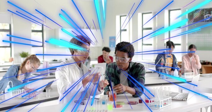 Pipetting two students wearing lab coat and plaid shirt moving liquid in school lab, petri dishes
