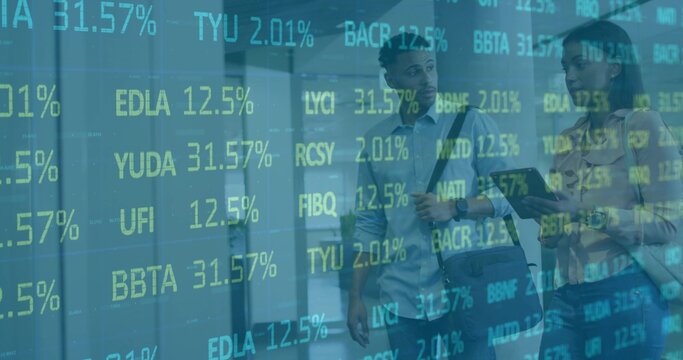Walking two coworkers in business wear in corridor, holding tablet, carrying bag, ticker overlay