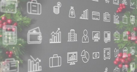 Showing repeating white line icons grid centering on gray textured backdrop, with evergreen sprigs