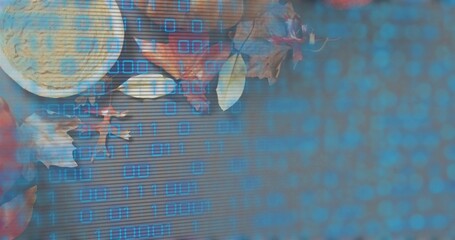 Displaying frothy ceramic bowl resting left on dark table with spoon dry leaves blue binary overlay