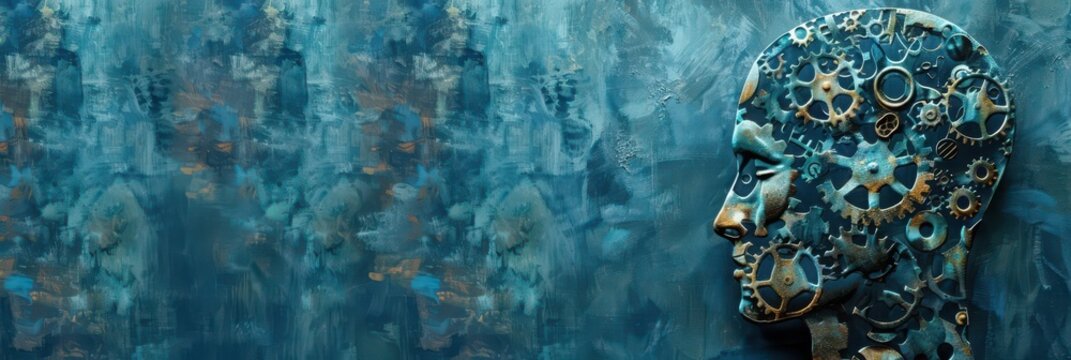 World logic day celebration featuring human head composed of gears and mechanistic elements against abstract background. Horizontal banner. Copy space. Creativity and Knowledge