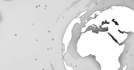 Showing stylized globe with halftone Europe Africa Middle East on right side, digital graphic © vectorfusionart