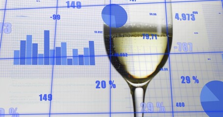Displaying stemmed wine glass with pale yellow liquid and bubbles over blue data overlay on report