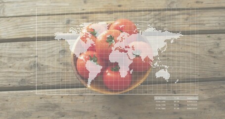 Displaying round bowl holding ripe red tomatoes on wooden tabletop, with map grid and date blocks