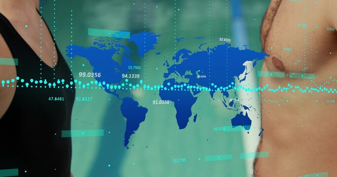 Displaying two adult torsos standing at pool edge, wearing swimsuits, showing world map overlay