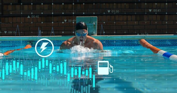 Surfacing adult swimmer in dark cap and goggles at lap pool, splashing between lane ropes, overlays
