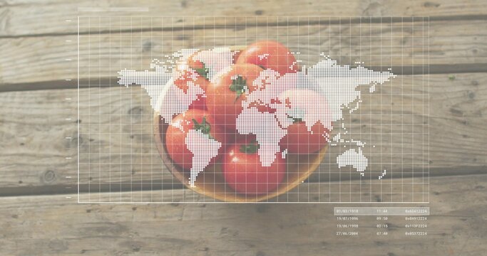 Displaying round bowl holding ripe red tomatoes on wooden tabletop, with map grid and date blocks