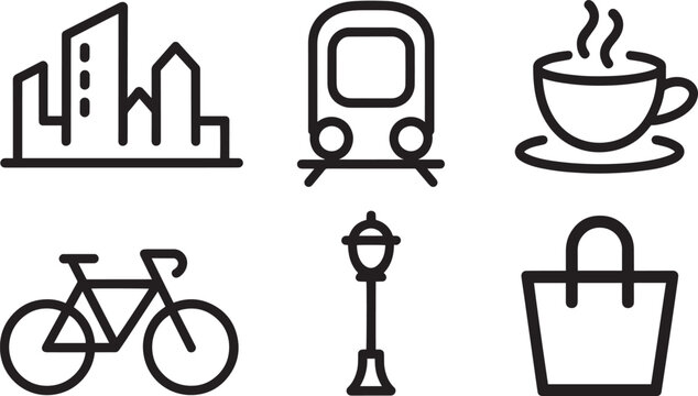 Modern city life line icons set including minimalist skyline transport hot drink bicycle street light and shopping bag