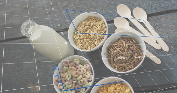 Displaying five white cereal bowls on wooden table, milk bottle, spoons, AR grid, blue boxes, ticks