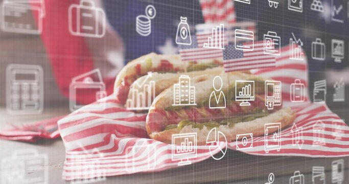 Showing sandwich sitting on red-and-white striped cloth, merging tech icons and blurred red top - Powered by Adobe