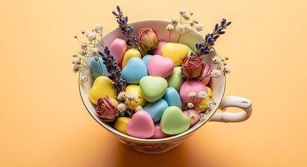 A teacup filled with candy hearts and dried flowers, isolated on a pastel orange background.