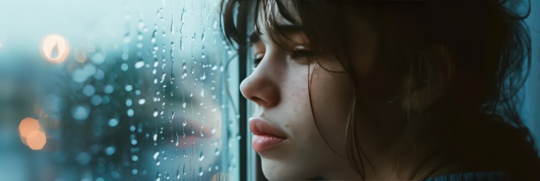 Contemplative woman looking out rainy window on blue monday for emotional reflection - Powered by Adobe