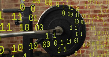 Resting loaded barbell showing knurling and collar on gym rack, with floating binary digits