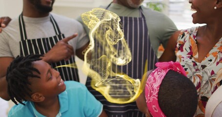Gathering family cooking at kitchen counter, wearing striped aprons, watching golden hologram swirl