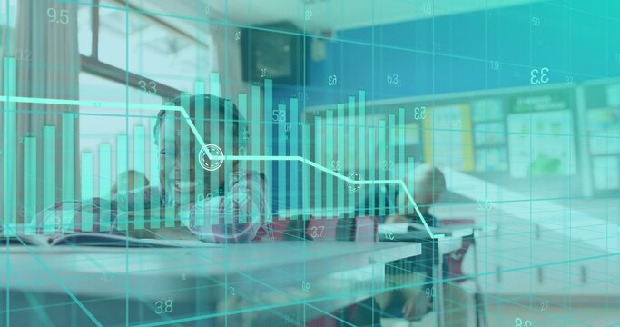Writing boy wearing shortsleeve shirt leaning over notebook at school with data overlay, copy space