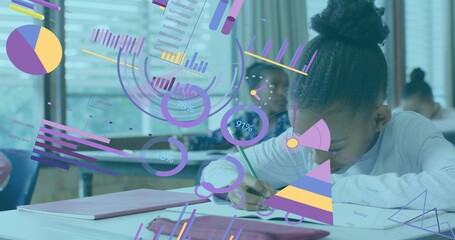 Leaning pupil in light long-sleeve writing at school desk with notebook and data charts, copy space