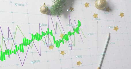 Displaying green candlestick chart and purple line graph on white grid paper, with gold baubles