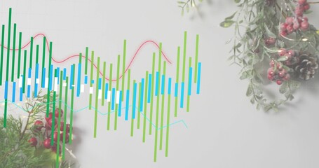 Showing chart centered on studio flat-lay, with green-blue bars, red-cyan lines, sprigs, pinecone