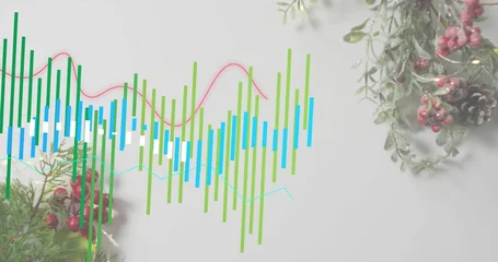 Fotobehang Vlees Showing chart centered on studio flat-lay, with green-blue bars, red-cyan lines, sprigs, pinecone  © vectorfusionart