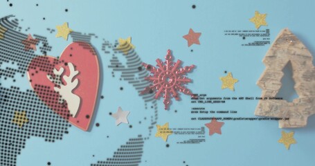 Showing red-heart, red-snowflake and wooden-tree on pale blue backdrop with map dots, code, stars