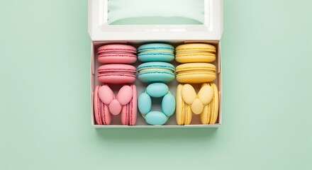 A box of macarons arranged in pastel colors forming the letters M-O-M, isolated on a light mint background. 
