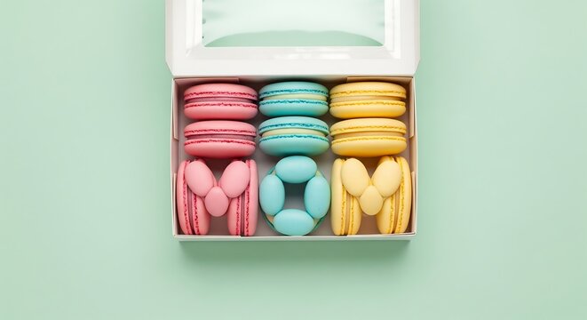 A box of macarons arranged in pastel colors forming the letters M-O-M, isolated on a light mint background. 
