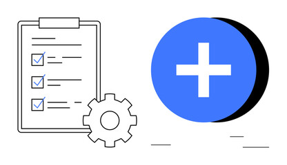 Task management concept. Task management checklist with a blue plus symbol, productivity and organizational efficiency. Task management for planning, organization tools, workflow design, efficiency
