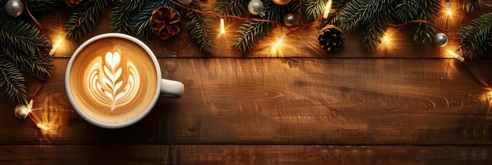 Cozy christmas scene with festive coffee cup and holiday lights on rustic wooden table. Top view. Horizontal banner. Copy space. A cup of coffee on a wooden table, festive background