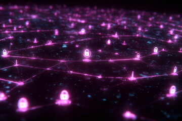 Fototapeta premium Futuristic cyber network grid with glowing pink security lock icons and connected nodes representing digital protection