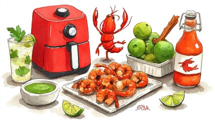 Red air fryer cooked shrimp green limes cocktail and red crawfish illustration Green dip and hot sauce bottle displayed
