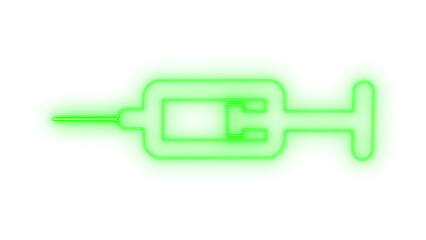 Minimalist white neon outline icon of a medical syringe glowing with vibrant lime green light representing urgent healthcare and vaccination isolated on transparent background