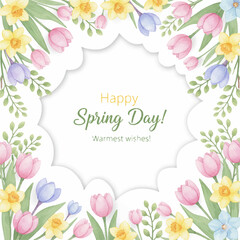 floral spring greeting card with tulips, daffodils, and crocuses. Perfect for seasonal messages, invitations, packaging, and decor. Bright, elegant, and joyful design.