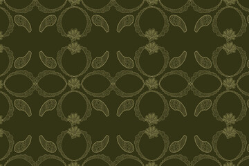 An elaborate ogee-style paisley pattern in deep olive green with metallic gold detailing, suited for luxury wallpapers and rich, sophisticated textiles.