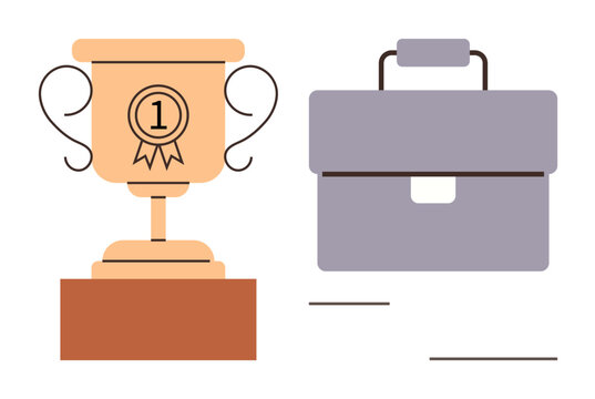 Golden trophy with first-place ribbon alongside a business briefcase conveys achievement, professionalism, and career growth. Ideal for success, leadership, entrepreneurship, recognition, goals