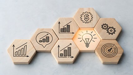 Business strategy concept with wooden hexagon blocks showing growth chart, idea lightbulb, target, dollar sign, and gear icons symbolizing success and development process