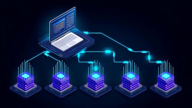 An isometric illustration of interconnected servers and a laptop, depicting modern data management and processing.