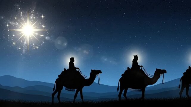 Epiphany animated dia de reyes three kings silhouette in gentle motion riding camels guided by bright star across calm night sky for spiritual holiday celebration cultural graphic video artwork theme
