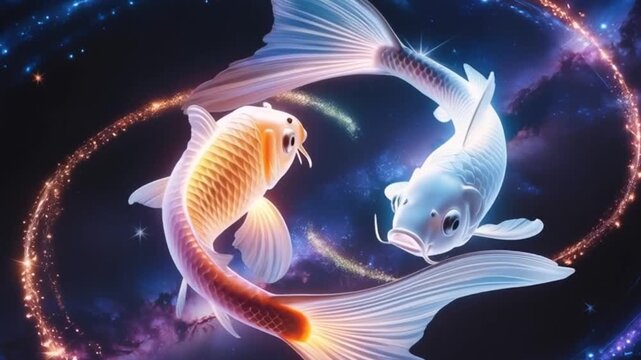 Two Graceful Fish in Cosmic Dance Dynamic Duo of Aquatic Artistry Under Starry Veil Floating Fantasies in Starry Backdrop Cinematic Marine Motion Underwater Universe
