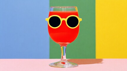 A glass of red wine with sunglasses on top of it. The wine glass is sitting on a table with a colorful background. The image conveys a fun and lighthearted mood