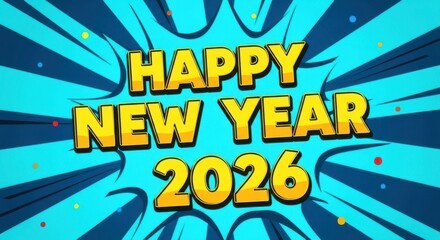 Happy new year 2026 text in bold yellow font against a vibrant blue comic book style sunburst background with confetti