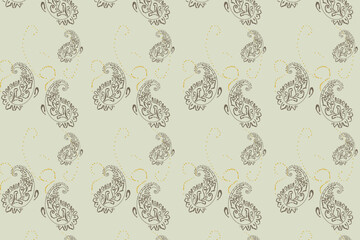 A sweet, scattered paisley pattern in a soft, pale sage green with whimsical gold accents, excellent for light craft paper, stationery, baby/children's products.