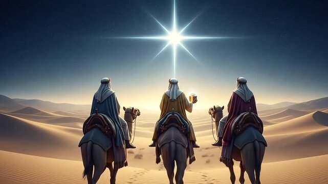 Epiphany animated dia de reyes three kings in gentle motion riding camels across desert guided by bright star glowing in dawn sky for spiritual holiday celebration cultural graphic video theme