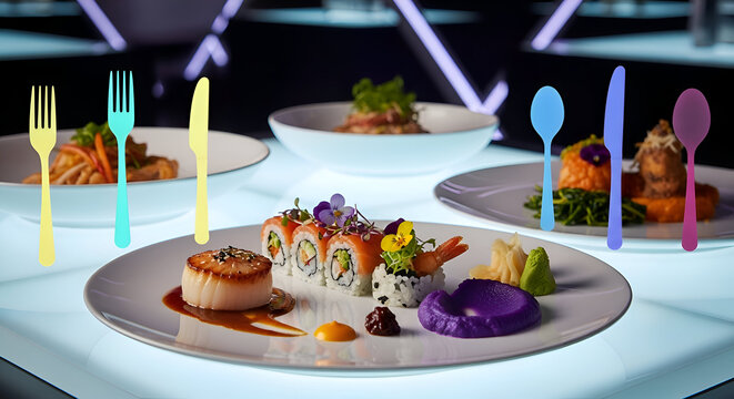 Exquisite sushi platter with vibrant edible flowers and colorful utensils offers a modern dining experience, ideal for upscale restaurant promotions or culinary blogs