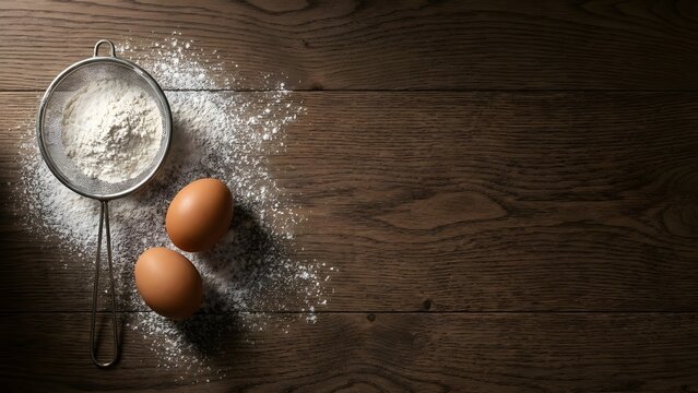 Baking ingredients flour in sieve and eggs on dark wooden table with copy space