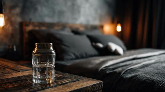 A glass jar of water sits on a wooden bedside table in a dimly lit bedroom.