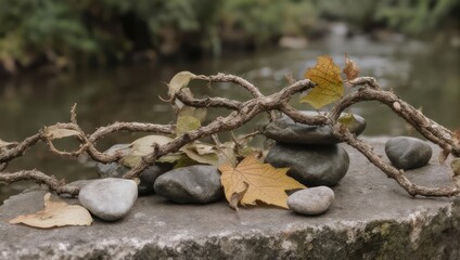 Obraz premium Composition of stones, foliage, and a twig on a stone structure against a blurred river scene