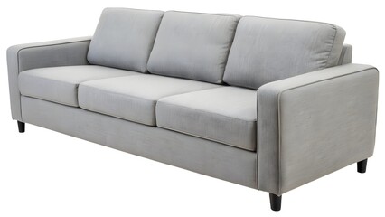 Modern minimalist grey fabric sofa, 3-seater, isolated on transparent background, clean product-style shot, no shadows from surroundings