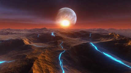 “Surreal alien landscape with glowing fissures, ringed planet on horizon, and dramatic purple-orange sky” - Powered by Adobe