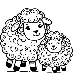 Fototapeta premium Sheep Family illustration: A charming illustration depicts two adorable sheep, showcasing a heart warming moment of familial love and unity. A cute depiction of the animal's gentle nature.