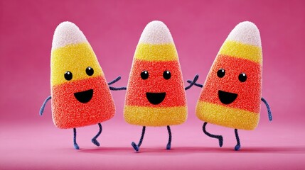 Three candy corn characters are dancing on a pink background. The candy corn characters are smiling and appear to be having fun